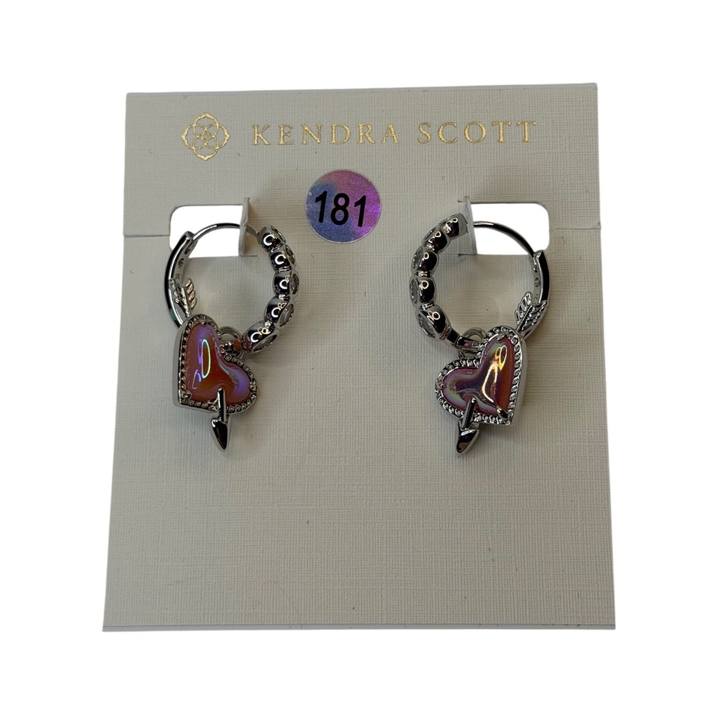 Kendra Scott Silver Iridescent Heart Arrow Hoop Earrings Crystal Accents NWT